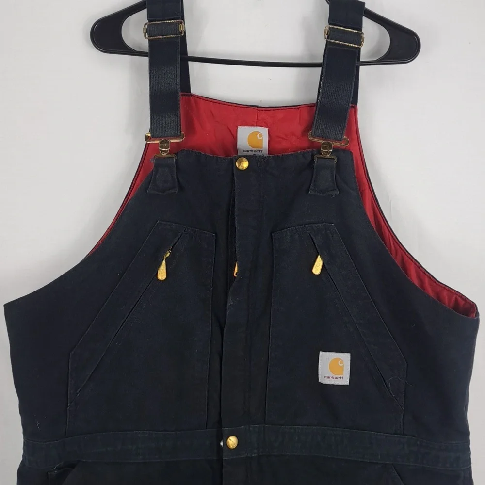 Carhartt canvas Duck bib red quilt double knee 1/2 zip 42/30 black overalls - Picture 1 of 8